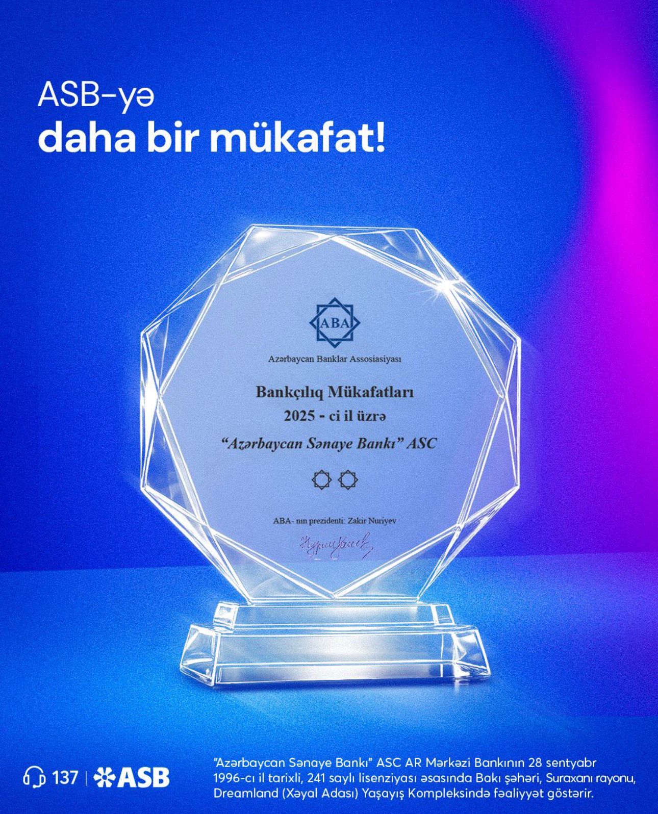 Azərbaycan Sənaye Bankı ABA tərəfindən müxtəlif nominasiyalar üzrə mükafatlandırılıb.